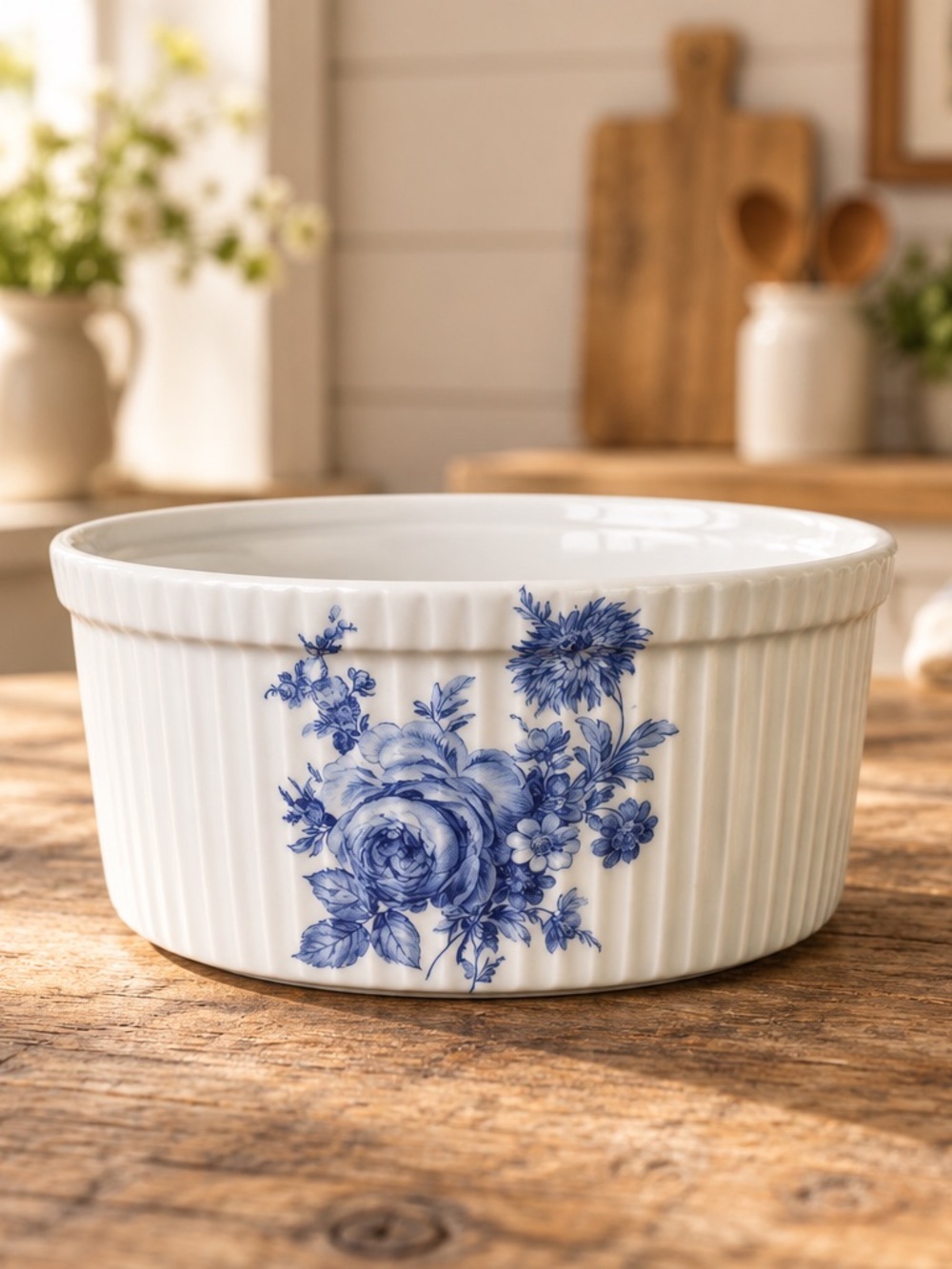Apilco For Cordon Bleu BIA France 6” Round Soufflé Dish Blue Flower Pattern